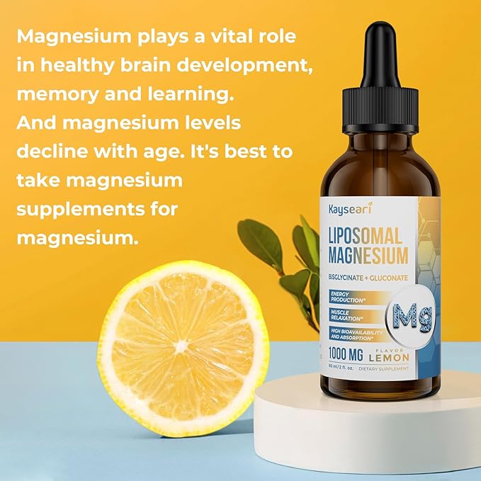 High Strength Liposomal Magnesium Drops, Easily Absorbed Chelated Forms of Magnesium Bisglycinate and Magnesium Gluconate, Supports - Sleep Aid, Stress, Mood, Gut - 60ML Lemon Flavored Liquid Drops