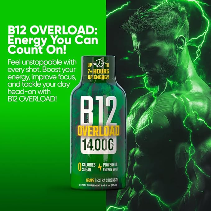 B12 Overload Extra Strength Energy Shot – Grape – 260mg Caffeine, 14000% B12, Electrolytes – Energy & Vitality Support – Zero Sugar No Calories – Vegan, Kosher, Gluten-Free – 1.93 fl oz, 24 -Pack
