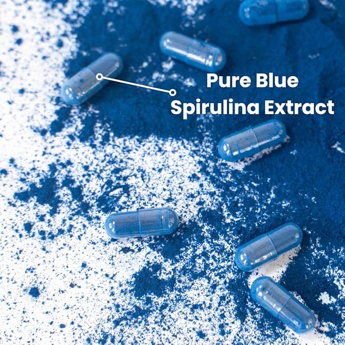 Organic Pure Blue Spirulina Capsules | Natural Superfood | Prebiotic Phycocyanin Supplement | Healty Skin, Oral Health, & Wound Recovery | 30 Serving Bottle