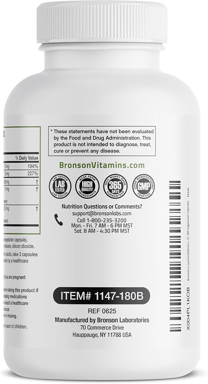 Bronson L-Lysine Defense Immune Support Complex 1500 MG L-Lysine Plus Olive Leaf, Garlic, Vitamin C and Zinc - Non-GMO, 180 Vegetarian Capsules