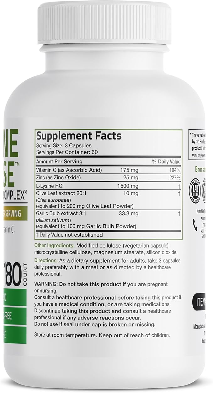 Bronson L-Lysine Defense Immune Support Complex 1500 MG L-Lysine Plus Olive Leaf, Garlic, Vitamin C and Zinc - Non-GMO, 180 Vegetarian Capsules