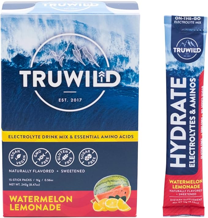 TruWild Natural Hydration Powder Single Serve Zero Sugar, Vegan Electrolytes + Amino Acids, Recovery Drink for Everyday Use, Post Workout Muscle Support Supplement + Magnesium (Watermelon Lemonade)