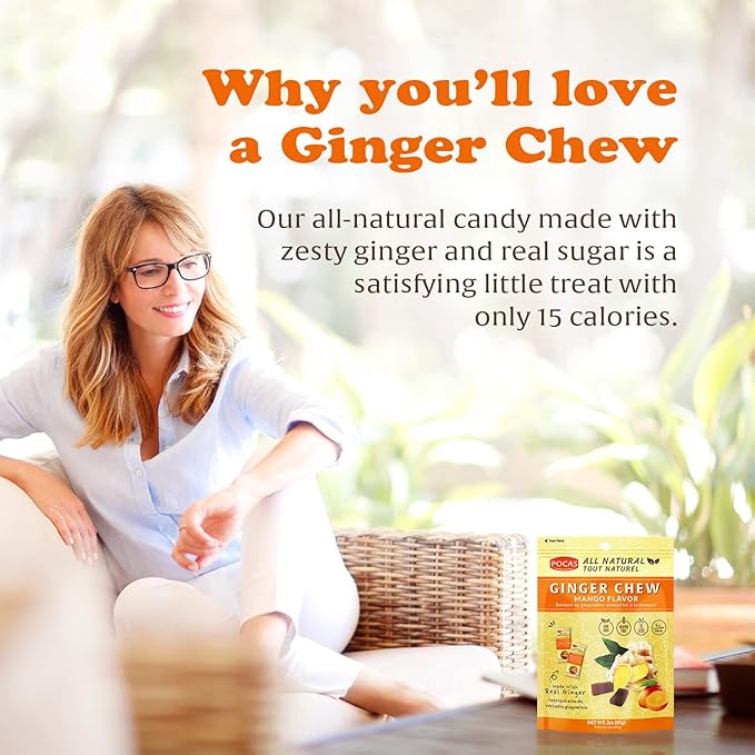 Pocas Ginger Chews, Variety Pack - Mango, Original, and Lemon Ginger Chews, Individually Wrapped Snacks, Ginger Candy Made with Pure Cane Sugar, 3 Oz Ea (3 Piece Set)