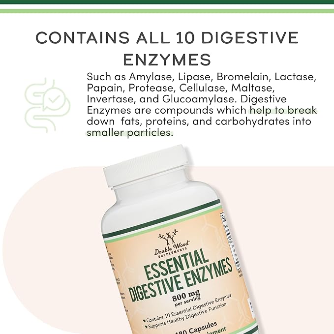 Digestive Enzymes - 800mg Blend of All 10 Most Essential Digestive and Pancreatic Enzymes (Amylase, Lipase, Bromelain, Lactase, Papain, Protease, Cellulase, Maltase, Invertase) by Double Wood