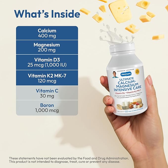 ANDREW LESSMAN Ultimate Calcium-Magnesium Intensive Care with Vitamin D3 & K2 MK7-120 mcg - 180 Capsules – Bone and Skeleton Health Essentials. Gentle, Easy to Swallow, Super Soluble. No Additives