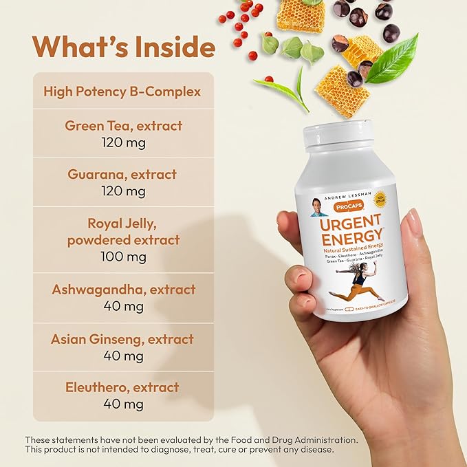 ANDREW LESSMAN Urgent Energy 30 Capsules - Provides a Safe, Healthy Means of Enhancing Energy Levels and Feelings of Well-Being, Green Tea, Guarana, Ginseng, Royal Jelly, Ashwagandha, B-Complex