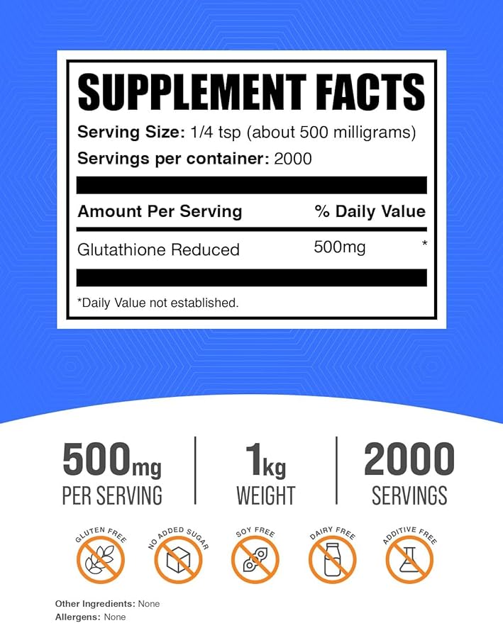 BulkSupplements.com Glutathione Reduced Powder - Glutathione Supplement, Reduced Glutathione Powder - Glutathione 500mg, Gluten Free, 500mg per Serving, 1kg (2.2 lbs) (Pack of 1)