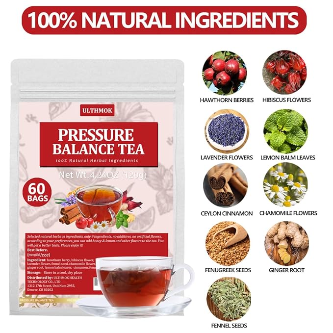 Premium 60 Heart Functional Tea Bags, 9 Natural Superherbs, Pressure Balance Tea, No Artificial Flavors & Caffeine Free.