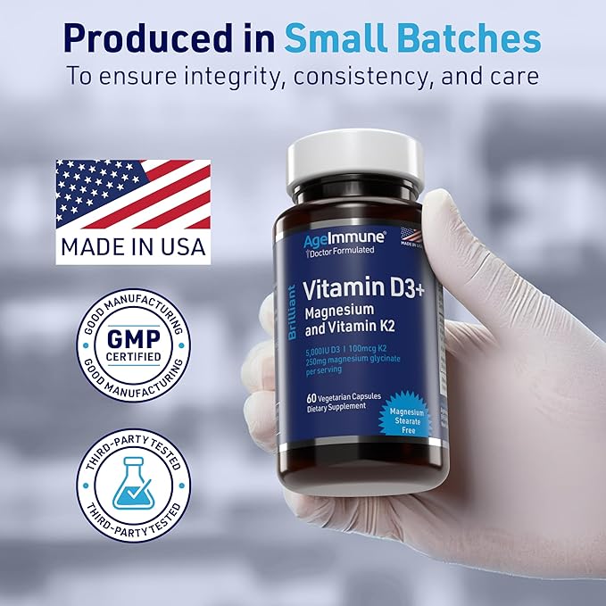 Brilliant D3+ Complex - 60 Capsules - 5000 IU Vitamin D3 + K2 + Magnesium Glycinate Supplement - Doctor Formulated for Immune & Bone Support - No Stearates, No Dioxides