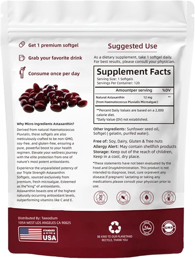 Astaxanthin Tanning Pills 12mg, 120 Softgels Triple Strength Skin Vitamins for Women with Antioxidant Activity, Supports Eye Joint Internal Circulation Health Supplement Non-GMO & No Gluten