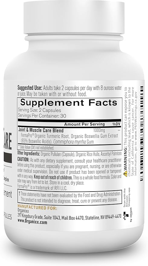 Organixx Joint & Muscle Care Organic Turmeric Supplement, 3-in-1 Frankincense, Turmeric and Myrrh Joint Health & Joint Support Supplement Body Care Capsules, Supports Swelling, Tension, 60 Capsules