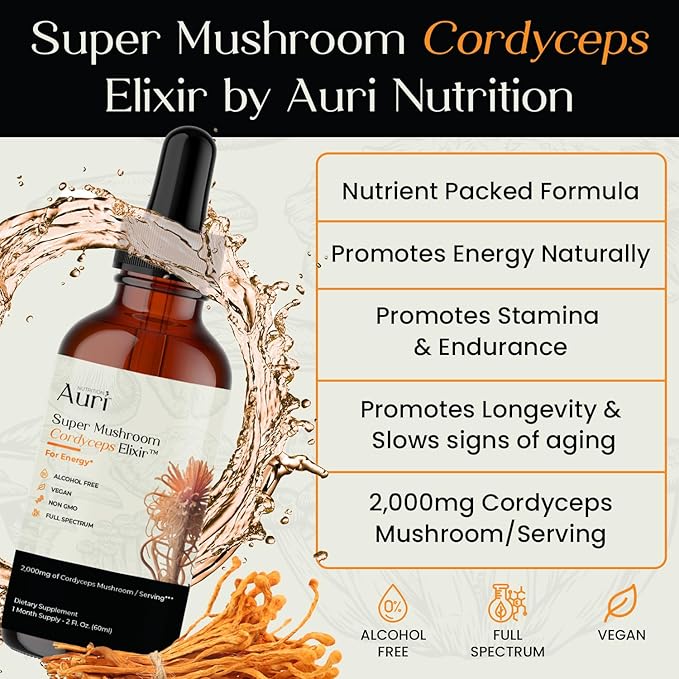 Auri Super Mushroom Cordyceps Elixir for Stamina, Natural Energy, Youthfulness and Longevity with Full Spectrum Support - Cordyceps Tincture 60 ml