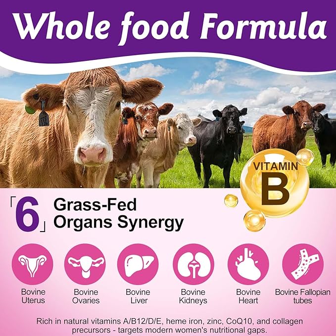 Beef Organ Supplement for Women, Natural Grass Fed Beef Liver Capsules,Supports Feminine Hormone Balance, Menstruation, Immunity, Skin, B12, Energy & Wellness