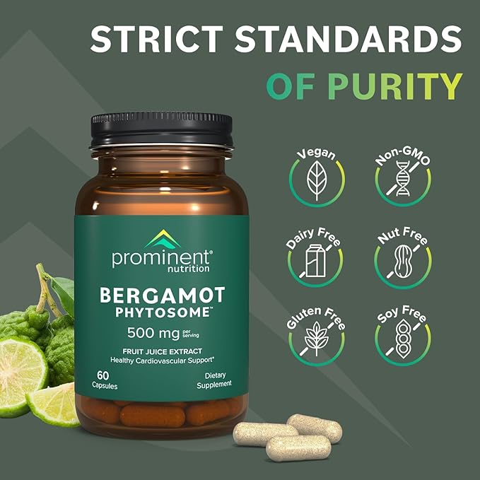 Prominent Nutrition Bergamot Phytosome, Clinically Researched Vazguard Citrus Bergamot Extract for Cholesterol and Heart Health Support, Enhanced-Absorption Supplement, 500 mg, 60 Capsules