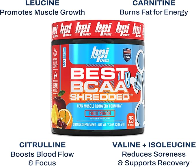BPI Sports Best BCAA Shredded - Caffeine Free Thermogenic Recovery Drink, Lean Muscle Building BCAA Powder for Women and Men, Preworkout BCAAs Amino Acids Drink- Fruit Punch - 25 Servings