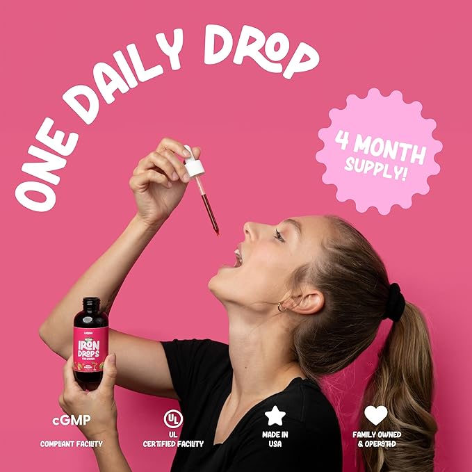 Iron Supplement for Women Drops Daily Support, 20mg of Polysaccharide Complex, Natural Sweeteners, Vegan and Paraben Free (Berry Daiquiri, 4 Fl Oz)