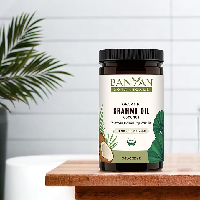 Banyan Botanicals Brahmi Oil in Coconut Base – Organic Ayurvedic Massage Oil with Gotu Kola and Bacopa – Calming Massage Oil for Focus & Relaxation – 30 oz – Non GMO Sustainably Sourced Abhyanga Oil