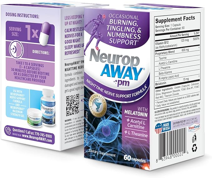 NeuropAWAY Nerve Support PM, with R-Alpha Lipoic Acid to Help Provide Nerve Relief in as Little as 5 Days, Acetyl-L-Carnitine, Theanine, Melatonin, and Methylcobalamin, 60 Capsules