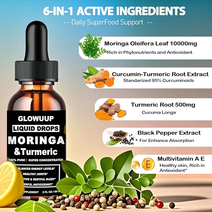Organic Moringa Liquid Drops, Pure Moringa Leaves w. Turmeric Black Pepper Vitamin C E - Antioxidant, Joint, Digestive & Immune for Men & Women, 6X Absorption Than Capsules Powder Gummies or Pills