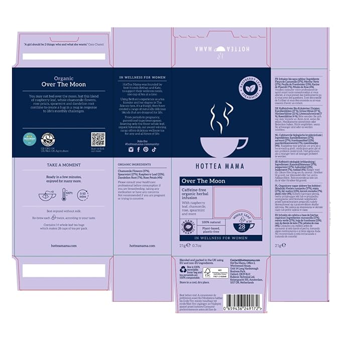 HOTTEA MAMA | Over The Moon | Period Support Tea | Spearmint, Raspberry Leaf, Rose, Chamomile, Dandelion Root | 14 Whole Leaf Biodegradable Tea Bags (28 Cups)