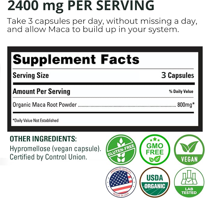 Organic Maca Root Capsules for Women & Men 2400mg per Serving - 150 Pills Black, Red, Yellow Maca Supplement - Gelatinized Macaroot, Non-GMO, Vegan by Peruvian Naturals