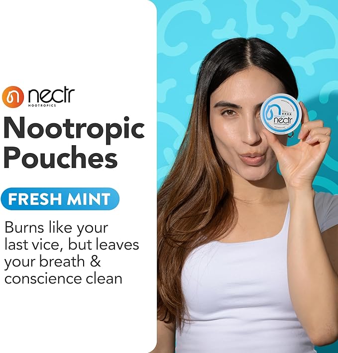 Nectr Energy Nootropic Pouches – Fresh Mint Flavored, Caffeine Pouches with Cognizin® Citicoline. Nicotine-Free Sugar-Free Brain Treats. Smooth, Sustained Focus & Energy Supplement - 5 Pucks of 16pcs
