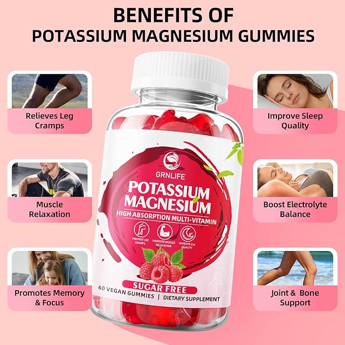 Potassium Magnesium Supplement Gummies, Potassium Gummies for Adults Kids, High Absorption Magnesium Glycinate for Leg Cramps & Immune Health, Sugar-Free, Raspberry Flavors, 60 Count
