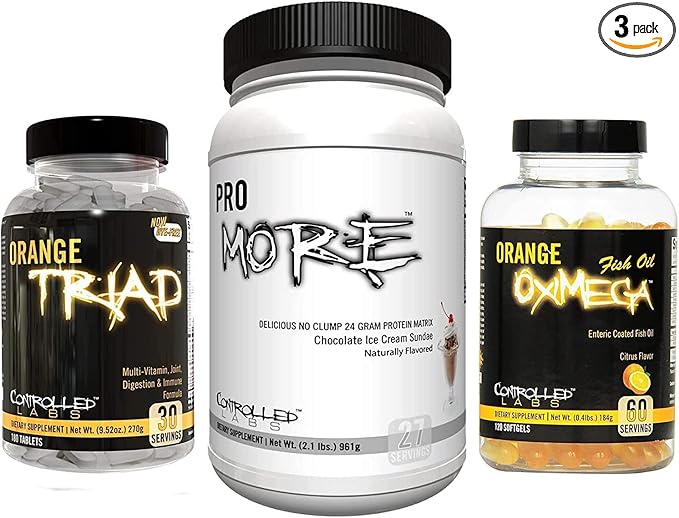 CONTROLLED LABS Bundle - Orange Triad (30 Serv), Orange Oximega Fish Oil (120 softgels), PROmore Protein (27 Serv) Chocolate Ice Cream Sundae