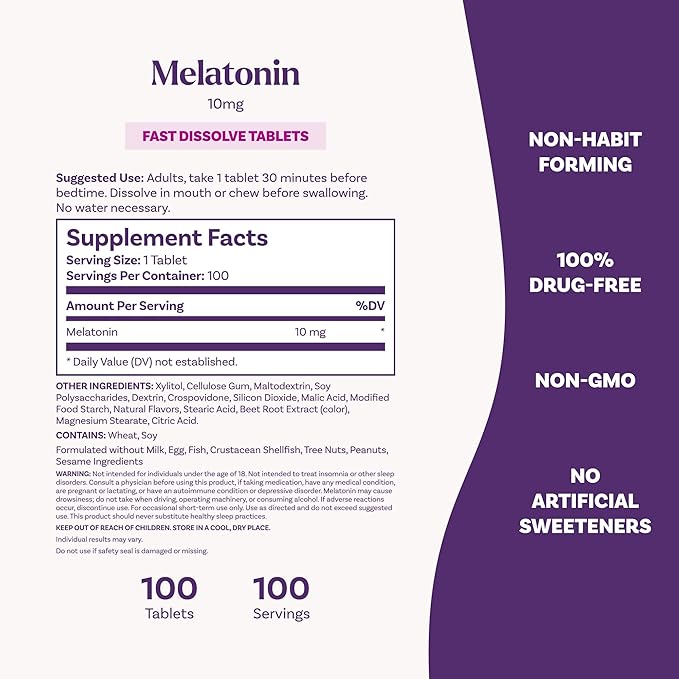 Natrol Fast Dissolve Melatonin 10 mg, Melatonin Supplements for Restful Sleep, Sleep Support for Adults, 100 Citrus-Flavored Tablets, Up to a 100 Day Supply