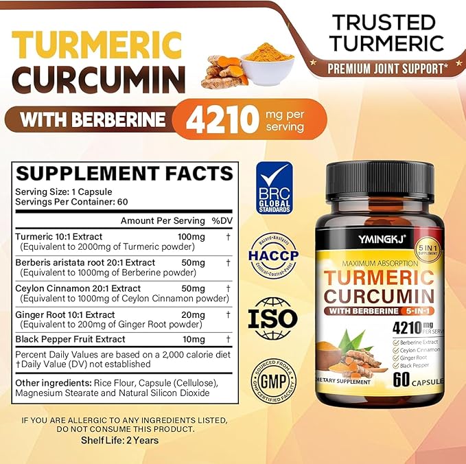 Turmeric Curcumin Supplement with Black Pepper & Bioactive Botanicals, Turmeric,Ginger,Berberine,Ceylon Cinnamon, – Premium Organic Supplement for Daily Wellness Support 60 Capsules 3 Pack