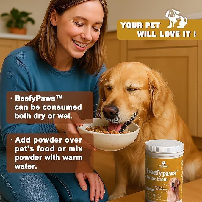 Zammex Grass-Fed Beef Bone Broth Protein Powder for Dogs & Cats - Joint & Bone Support, Healthy Fur Enhancer, Pet Food Topper for Dry & Wet, 10.58oz