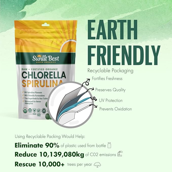 Sunlit Best Chlorella Spirulina Tablets - Organic USDA, Premium Spirulina and Chlorella Tablets 1000 Count - Sun Chlorella Pure Natural Superfood with Algae, Enzymes Chlorophyll & Vegan Protein