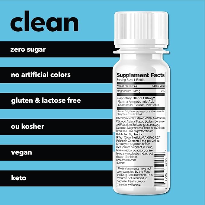 Tru Dream Shot, Cherry Berry Flavored Deep Sleep Aid Shots - Zero Sugar Calm Sleep Drink plus Melatonin, GABA, Chamomile - Caffeine Free, GF, Keto, Natural Flavors, Vegan Supplement, 2oz (Pack of 24)