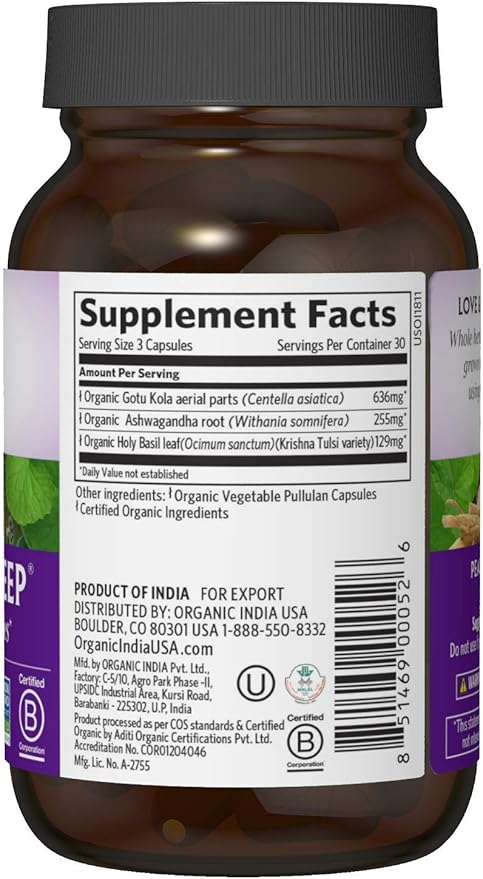 ORGANIC INDIA Peaceful Sleep Herbal Supplement - Deep Sleep Aid, Herbal Sleep Aid for Adults, Natural Sleep Aid Without Melatonin, Supports Sleep Cycles, USDA Certified Organic, Non-GMO - 90 Capsules