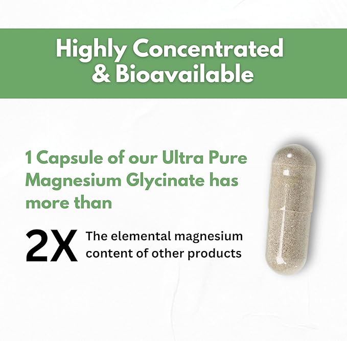 Pure Magnesium Glycinate Capsules - Non-Buffered 350mg Elemental Magnesium Supplement - Chelated High Absorption & Purity Magnesium Complex - Made in USA