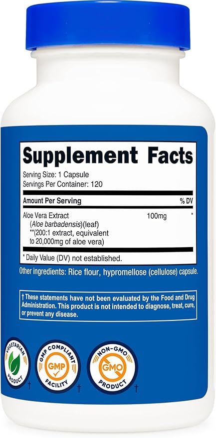 Nutricost Aloe Vera 20,000mg, 120 Capsules - Gluten Free, Non-GMO, Vegetarian Friendly (100mg of 200:1 Extract)