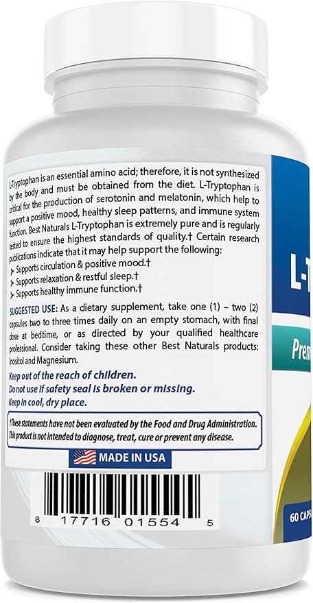 Best Naturals L-Tryptophan 500 mg 60 Capsules (60 Count (Pack of 3))