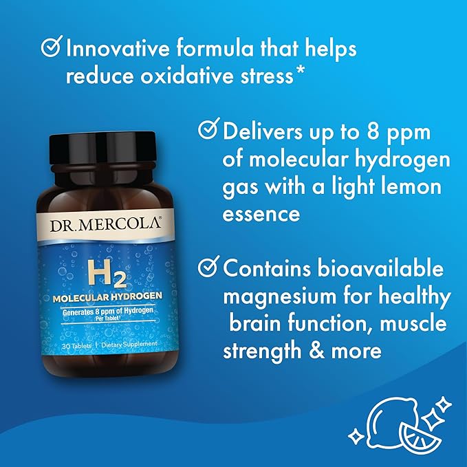Dr. Mercola H2 Molecular Hydrogen - Supports Healthy Aging, Cellular Energy & Brain Health - with Elemental Magnesium - GMO-Free, Gluten-Free & Soy-Free - 30 Tablets (30 Servings)