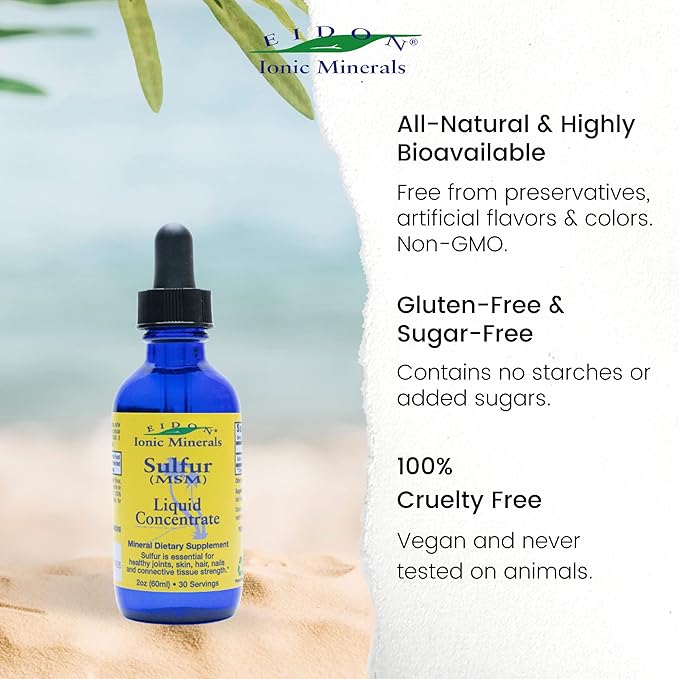 Eidon Ionic Minerals Liquid Sulfur Concentrate - Ionic MSM Sulfur Drops Supplement, Supports Healthy Joints, Smooth Skin, & Glossy Hair, No Preservatives or Additives - 2 Oz Bottle