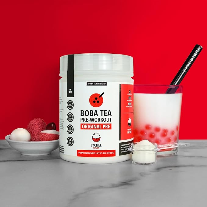 Boba Tea Pre-Workout Powder | Lychee Flavor | 125-250mg Caffeine | L-Citrulline, Beta Alanine, Alpha-GPC | Real Ingredients | Premium Pre Workout Powder for Men and Women | 20-40 Servings