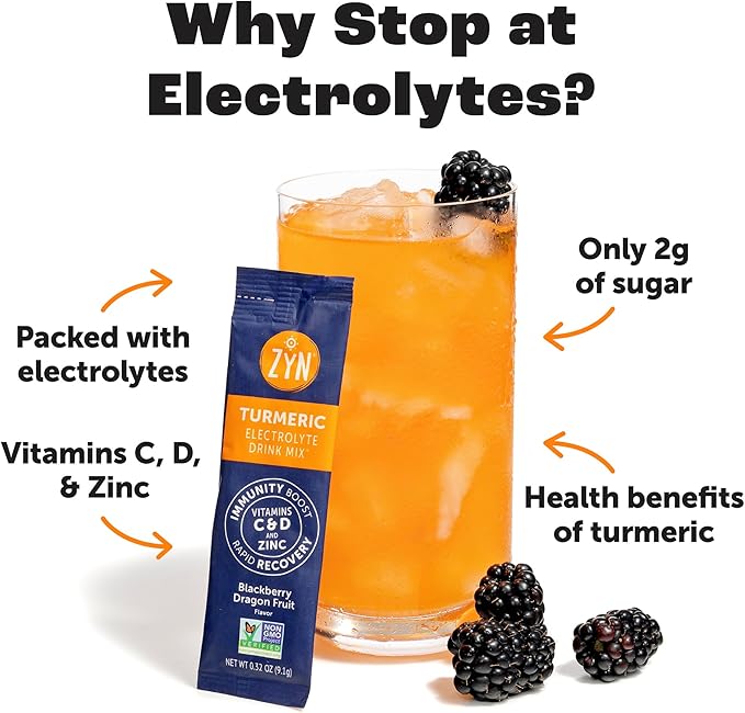 ZYN Electrolyte Drink Mix Hydration Packets, Electrolytes Powder, Hydration Packets w/Turmeric Curcumin, Vitamin C and D, Zinc, Hydrate Electrolyte Powder Packets for Wellness, Variety Pack of 16