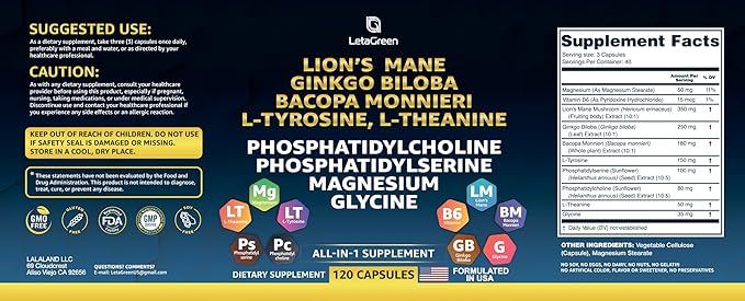 Organic Lions Mane Supplement Capsules - 240 Real Mushrooms Lion's Mane Capsules with Ginkgo Biloba Herb, Bacopa Monnieri, L Theanine, L Tyrosine - Mushroom Complex for Daily Wellness