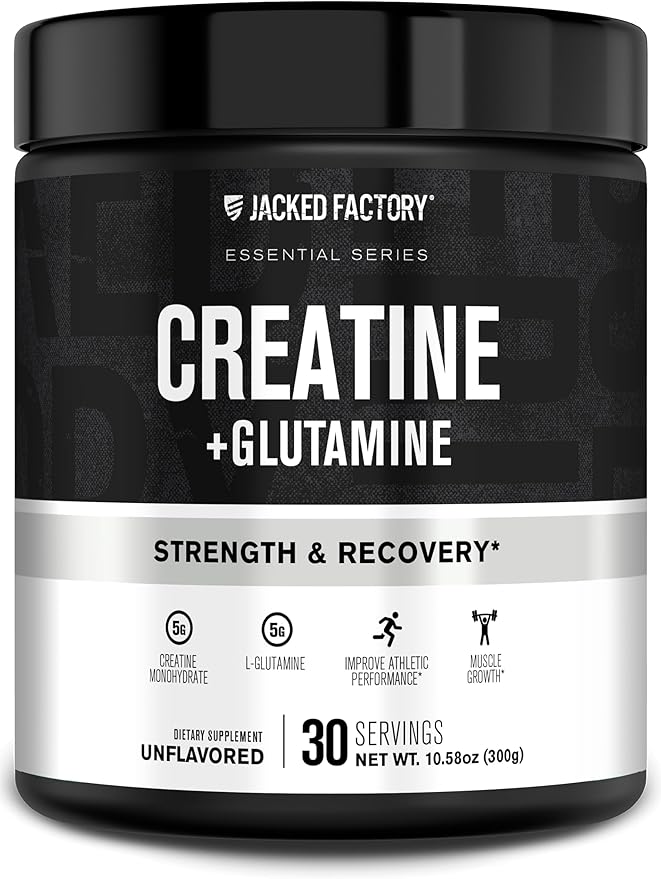 Jacked Factory Creatine + Glutamine - Creatine Supplement with L-Glutamine for Muscle Recovery, Muscle Growth, Increased Strength, Enhanced Energy Output, and Gut Health - 30 Servings, Unflavored