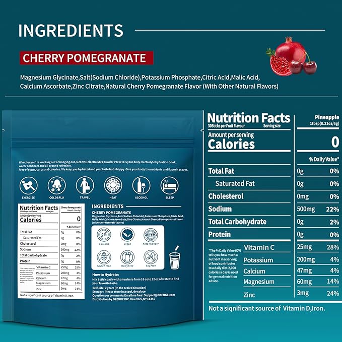 Electrolytes Powder Packets, 30 Sticks Hydration Packets Sugar Free, Electrolyte Drink Mix Portable Electrolyte Packets for Rapid Hydration, 0 Sugar & 0 Calorie, Cherry & Pomegranate Flavor