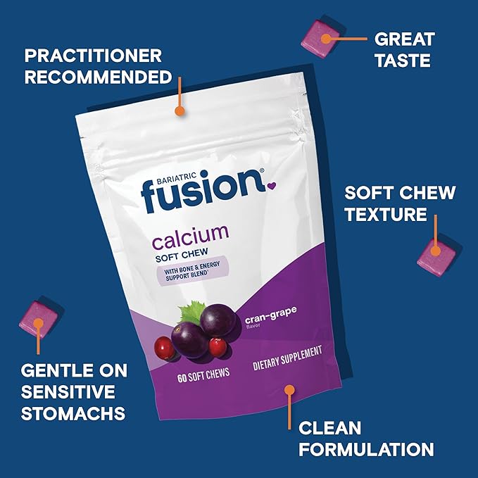 Bariatric Fusion Bariatric Calcium Supplement Chews | Calcium Citrate with Vitamin D3 Bariatric Vitamin | Sugar Free Chewable |500mg |Cranberry Grape | 60 Count