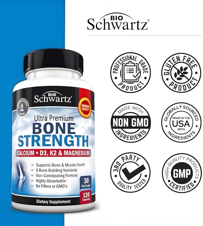 High Absorption Bone Strength Supplement - Gentle Non-Constipating Bone Health Supplement for Women & Men with 9-in-1 Complex with Calcium Magnesium Zinc D3 K2 & More - 3rd Party Tested - 1 Month