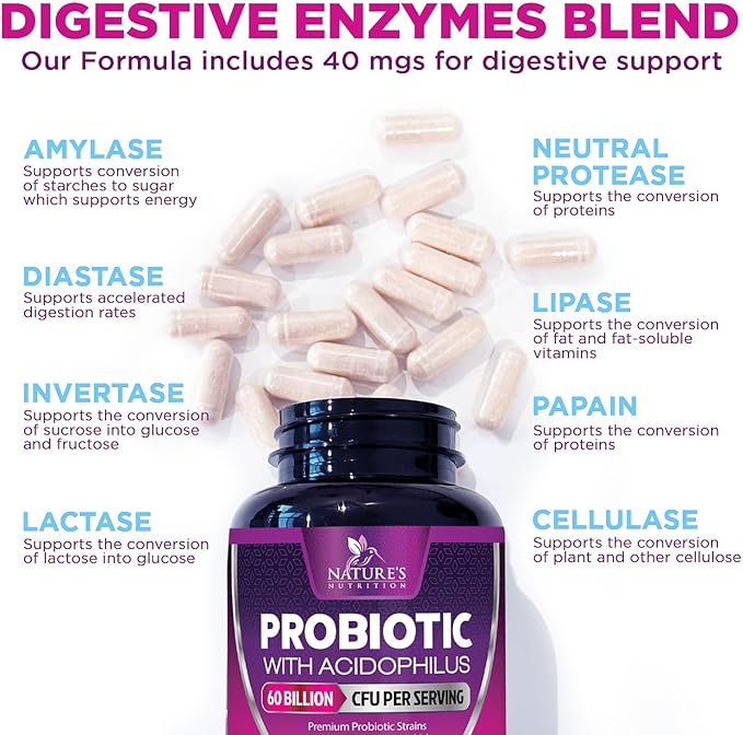 Probiotics 60 Billion CFU per Serving - 10 Strains + Prebiotics - Digestive Health, Gut & Immune Support - Supports Occasional Constipation, Gas & Bloating for Women & Men Shelf Stable - 60 Capsules