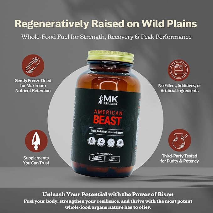 MK Supplements American Beast – Strength, Endurance & Recovery Support – 150 Capsules (30 Servings) – Freeze-Dried American Bison, 100% Grass-Fed, Bison Liver and Bison Heart, Whole-Food Formula