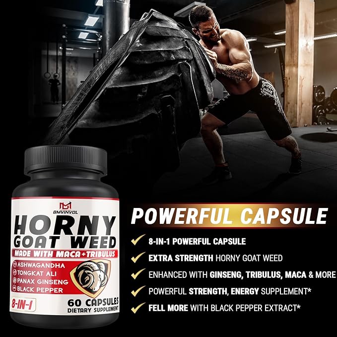 BMVINVOL Horny Goat Weed Capsules with Panax Ginseng, Tribulus, Ashwagandha, Maca, Tongkat Ali, Nettle, Black Pepper - 60 Capsules