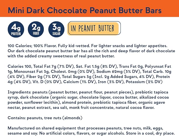Zing Dark Chocolate Peanut Butter Kids Protein Bars, Gluten Free 100 Calorie Mini Bars with High Protein, Vegan Nutrition Bars, Dairy Free Plant Based Protein, Kosher, Low Sugar, No Sugar Alcohols - 18 count